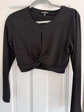 Express Black Twist-Front Long Sleeve Crop Top with Front Keyhole